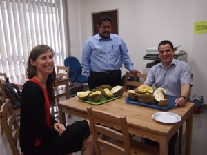 Dr. Mohd Shukri bin HJ. Mat Ali Ibrahim, Jonas and Alicky taste the first Durian fruits of the season. Photo C by MARDI