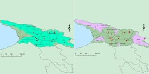 Maps for Malus orientalis (a wild relative of apple) in Georgia: predicted distribution on the left (turquoise), gaps in ex situ collection on the right (pink), red points are locations of previous collections.