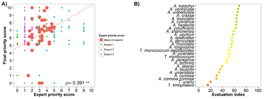 Fig. 23 Expert evaluation agreement with gap analysis results for the wheat genepool: A) relation between gap analysis results and expert evaluation scores. B) evaluation index per crop wild relative