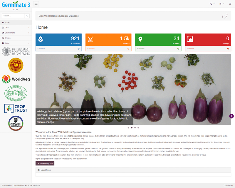 Germinate provides a standard and common interface to genetic resources collections. Each Germinate database looks and feels the same, but color and branding are used to differentiate instances. This consistent presentation allows users to become familiar with Germinate no matter which species they are working with and visualization and data query tools are familiar across species.