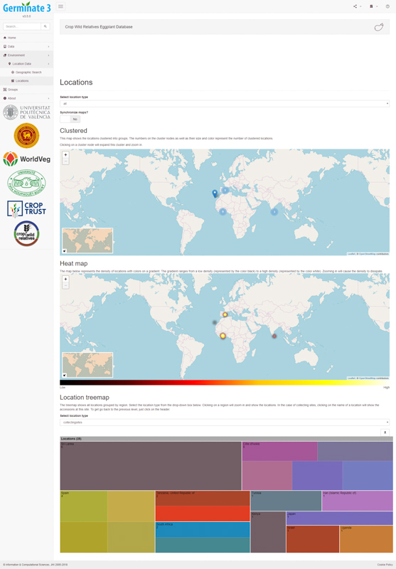 Data overview statistics give users an understanding of the geographical distribution of data contained within Germinate. The software uses heat maps to show where germplasm was collected and uses novel information visualization techniques such as tree maps to give an indication of the number of accessions from different countries. A user can use these sorts of maps to choose germplasm from specific geographic regions and create a Germinate group to be used later in data export.